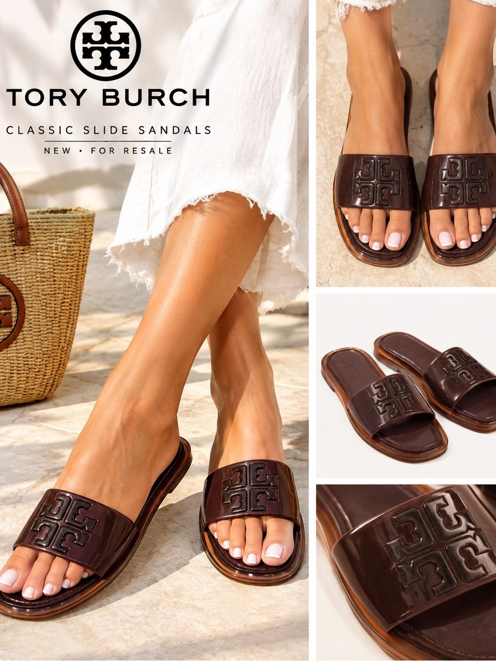 Tory Burch Brown Leather Logo Slide Sandals NWT 9